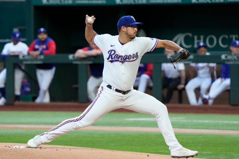 Apr 14, 2022; Arlington, Texas, USA; Texas Rangers starting pitcher Dane Dunning (33) delivers a pitch to the Los Angeles Angels during the first inning of a baseball game at Globe Life Field. Mandatory Credit: Jim Cowsert-USA TODAY Sports