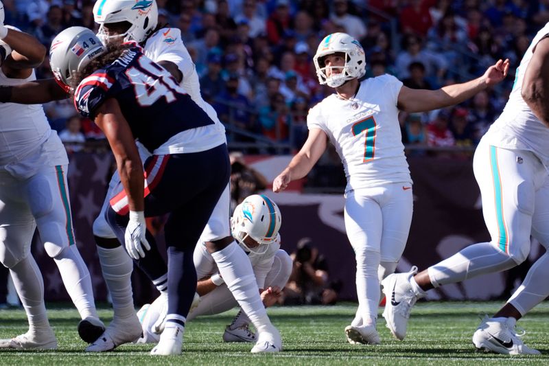 Miami Dolphins place kicker Jason Sanders (7) watches his field goal, his third of the game, during the second half of an NFL football game against the New England Patriots, Sunday, Oct. 6, 2024, in Foxborough, Mass. (AP Photo/Michael Dwyer)