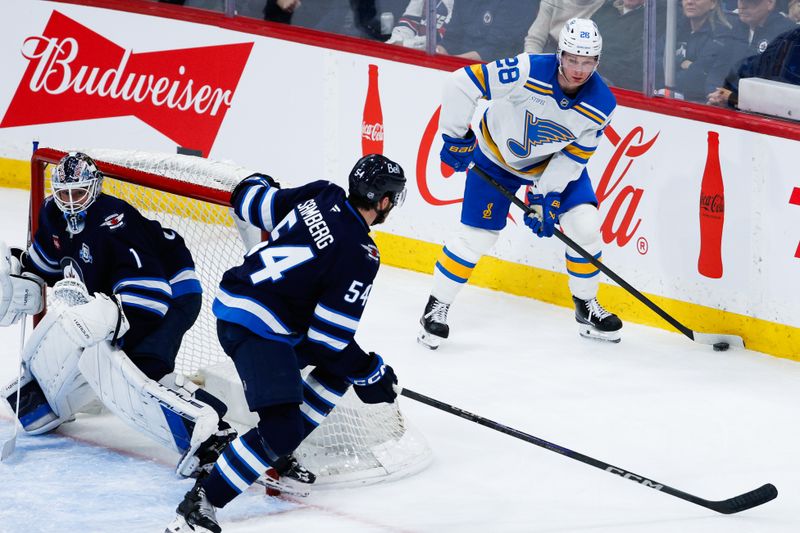 Jan 20, 2026; Winnipeg, Manitoba, CAN; St. Louis Blues forward Otto Stenberg (28) looks to make a pass by Winnipeg Jets defenseman Dylan Samberg (54) during the third period at Canada Life Centre. Mandatory Credit: Terrence Lee-Imagn Images