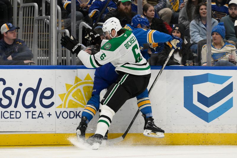 Jan 25, 2025; St. Louis, Missouri, USA; Dallas Stars defenseman Lian Bichsel (6) checks St. Louis Blues center Dylan Holloway (81) during the second period at Enterprise Center. Mandatory Credit: Jeff Le-Imagn Images