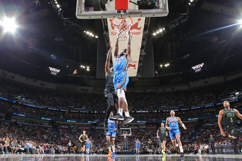 NEW ORLEANS, LA - JANUARY 26: Cason Wallace #22 of the Oklahoma City Thunder  dunks the ball during the game against the New Orleans Pelicans on January 26, 2024 at the Smoothie King Center in New Orleans, Louisiana. NOTE TO USER: User expressly acknowledges and agrees that, by downloading and or using this Photograph, user is consenting to the terms and conditions of the Getty Images License Agreement. Mandatory Copyright Notice: Copyright 2024 NBAE (Photo by Layne Murdoch Jr./NBAE via Getty Images)