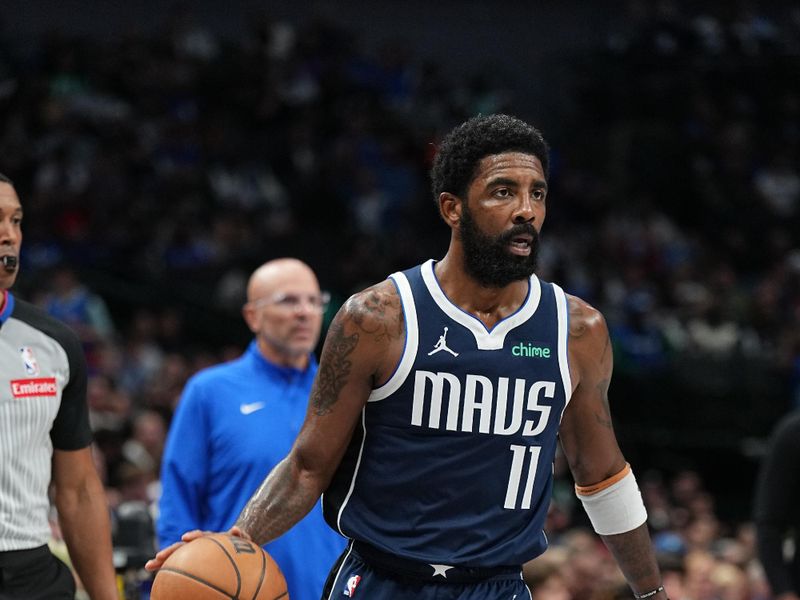 DALLAS, TX - OCTOBER 31: Kyrie Irving #11 of the Dallas Mavericks dribbles the ball during the game against the Houston Rockets on October 31, 2024 at American Airlines Center in Dallas, Texas. NOTE TO USER: User expressly acknowledges and agrees that, by downloading and or using this photograph, User is consenting to the terms and conditions of the Getty Images License Agreement. Mandatory Copyright Notice: Copyright 2024 NBAE (Photo by Glenn James/NBAE via Getty Images)