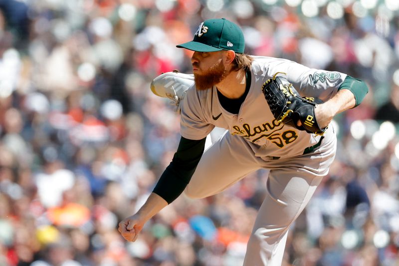 Apr 6, 2024; Detroit, Michigan, USA;  Oakland Athletics starting pitcher Paul Blackburn (58) throws against the Detroit Tigers in the first inning at Comerica Park. Mandatory Credit: Rick Osentoski-USA TODAY Sports