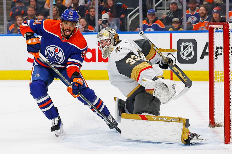 Apr 10, 2024; Edmonton, Alberta, CAN; Edmonton Oilers forward Evander Kane (91) looks for a pass beside Vegas Golden Knights goaltender Adin Hill (33) during the first period at Rogers Place. Mandatory Credit: Perry Nelson-USA TODAY Sports