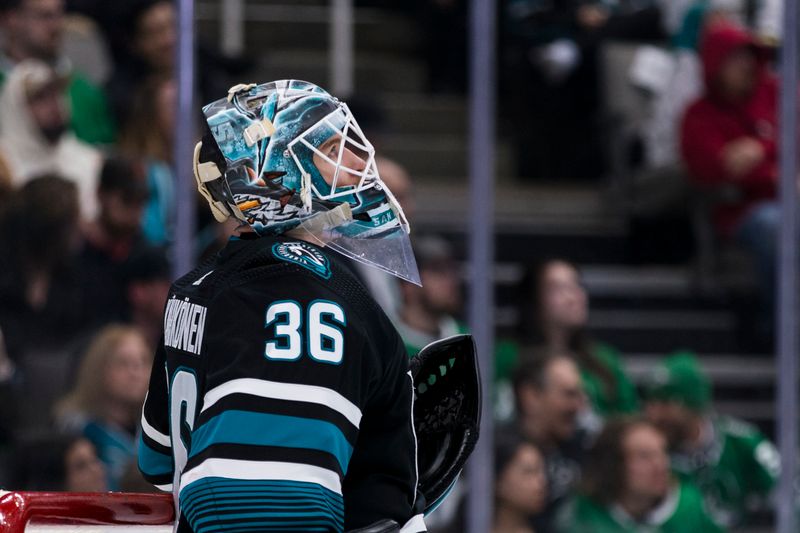 Mar 5, 2024; San Jose, California, USA; San Jose Sharks goaltender Kaapo Kahkonen (36) watches a replay during the first period of the game against the Dallas Stars at SAP Center at San Jose. Mandatory Credit: John Hefti-USA TODAY Sports