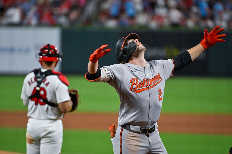 May 20, 2024; St. Louis, Missouri, USA;  Baltimore Orioles shortstop Gunnar Henderson (2) reacts after hitting a three run home run against the St. Louis Cardinals during the sixth inning at Busch Stadium. Mandatory Credit: Jeff Curry-USA TODAY Sports