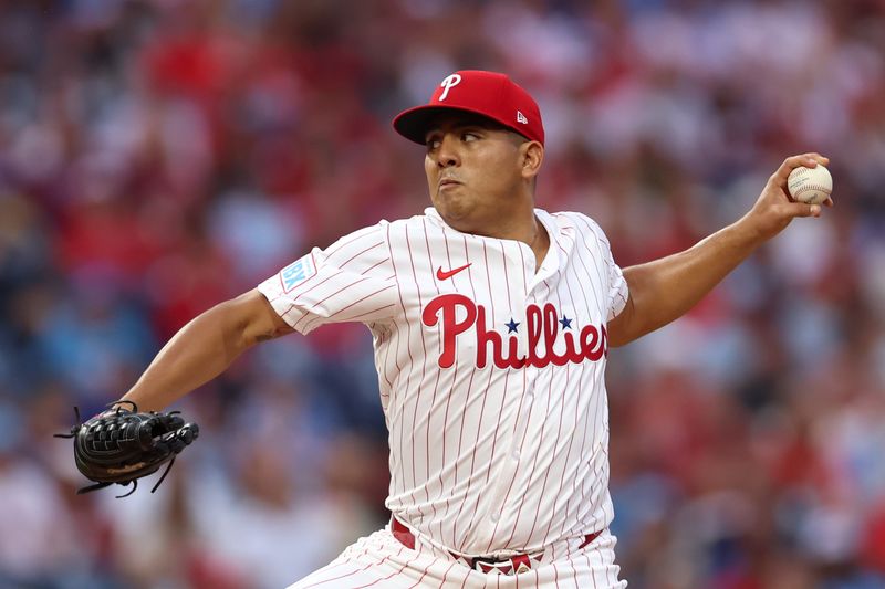 Sep 27, 2025; Philadelphia, Pennsylvania, USA; Philadelphia Phillies pitcher Ranger Suarez (55) throws a pitch against the Minnesota Twins during the first inning at Citizens Bank Park. Mandatory Credit: Bill Streicher-Imagn Images