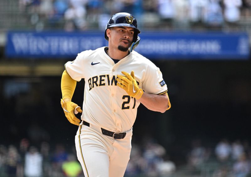 May 1, 2024; Milwaukee, Wisconsin, USA; Milwaukee Brewers shortstop Willy Adames (27) rounds the bases after hitting a home run against the Tampa Bay Rays in the sixth inning at American Family Field. Mandatory Credit: Michael McLoone-USA TODAY Sports