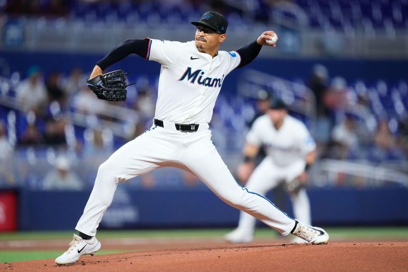 May 22, 2024; Miami, Florida, USA; Miami Marlins pitcher Jesus Luzardo (44) throws a pitch against the Milwaukee Brewers during the first inning at loanDepot Park. Mandatory Credit: Rich Storry-USA TODAY Sports