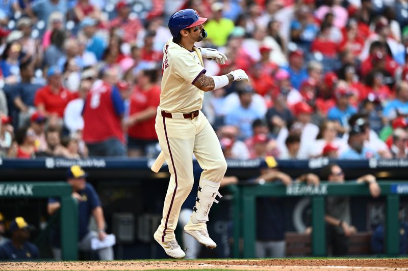 Jun 5, 2024; Philadelphia, Pennsylvania, USA; Philadelphia Phillies outfielder Nick Castellanos (8) looks on after hitting a two-run home run against the Milwaukee Brewers in the fifth inning at Citizens Bank Park. Mandatory Credit: Kyle Ross-USA TODAY Sports