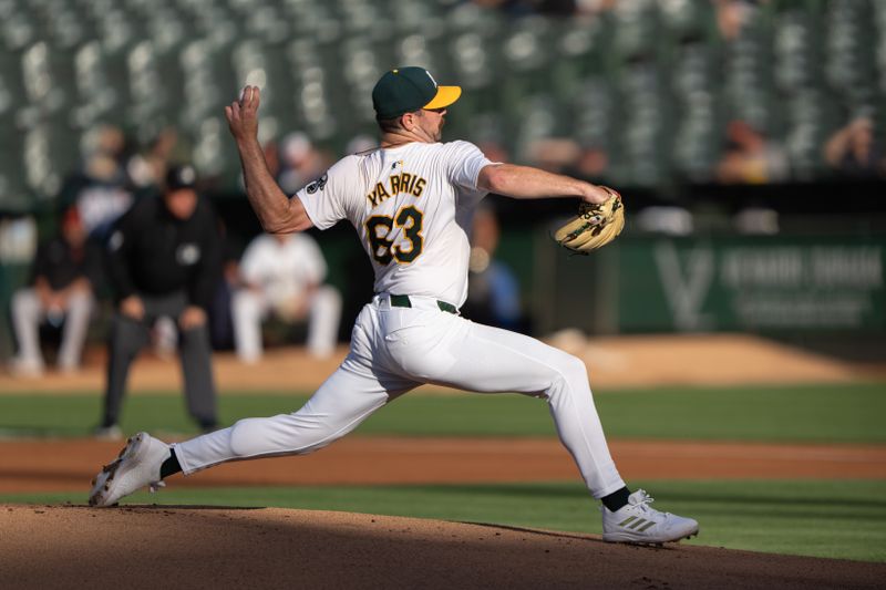 Jul 5, 2024; Oakland, California, USA;  Oakland Athletics pitcher Hogan Harris (63) pitches during the first inning against the Baltimore Orioles at Oakland-Alameda County Coliseum. Mandatory Credit: Stan Szeto-USA TODAY Sports