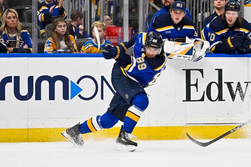 Dec 29, 2023; St. Louis, Missouri, USA;  St. Louis Blues left wing Pavel Buchnevich (89) shoots against the Colorado Avalanche during the second period at Enterprise Center. Mandatory Credit: Jeff Curry-USA TODAY Sports