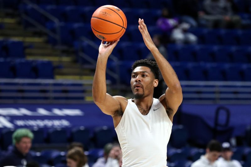 Mar 5, 2023; University Park, Pennsylvania, USA; Penn State Nittany Lions guard Jalen Pickett (22) warms up prior to the game against the Maryland Terrapins at Bryce Jordan Center. Mandatory Credit: Matthew OHaren-USA TODAY Sports