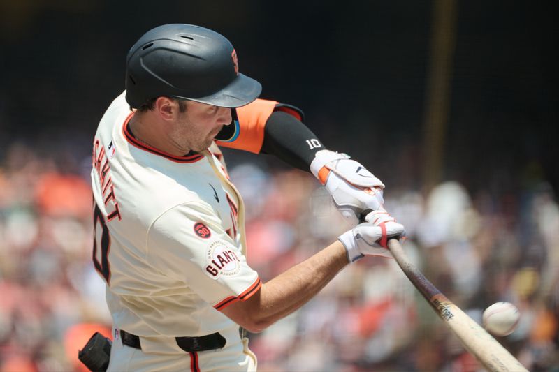 Jul 28, 2024; San Francisco, California, USA; San Francisco Giants infielder Casey Schmitt (10) bats against the Colorado Rockies during the second inning at Oracle Park. Mandatory Credit: Robert Edwards-USA TODAY Sports