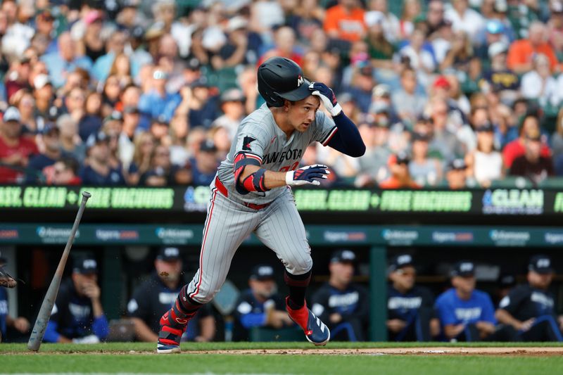 Jul 26, 2024; Detroit, Michigan, USA; Minnesota Twins third baseman Brooks Lee (72) runs to first base after hitting a single during the second inning of the game against the Detroit Tigers at Comerica Park. Mandatory Credit: Brian Bradshaw Sevald-USA TODAY Sports