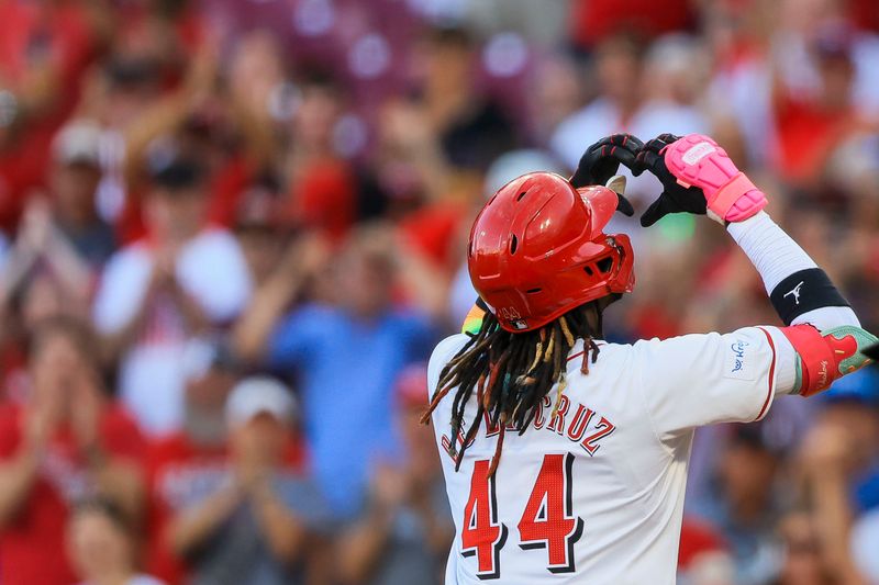 Jun 6, 2024; Cincinnati, Ohio, USA; Cincinnati Reds shortstop Elly De La Cruz (44) reacts after hitting a three-run home run in the third inning against the Chicago Cubs at Great American Ball Park. Mandatory Credit: Katie Stratman-USA TODAY Sports