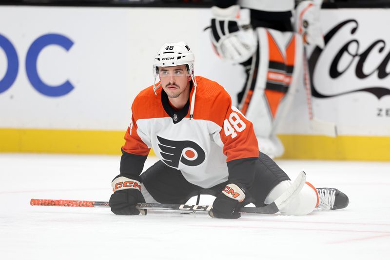 Nov 10, 2023; Anaheim, California, USA; Philadelphia Flyers center Morgan Frost (48) warms up before the game against the Anaheim Ducks at Honda Center. Mandatory Credit: Kiyoshi Mio-USA TODAY Sports