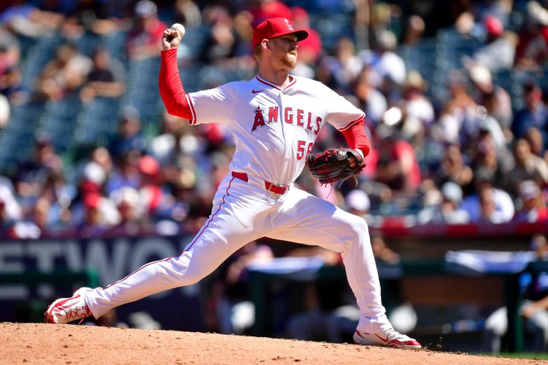 Apr 6, 2025; Anaheim, California, USA; Los Angeles Angels pitcher Ryan Zeferjahn (56) throws against the Cleveland Guardians during the sixth inning at Angel Stadium. Mandatory Credit: Gary A. Vasquez-Imagn Images