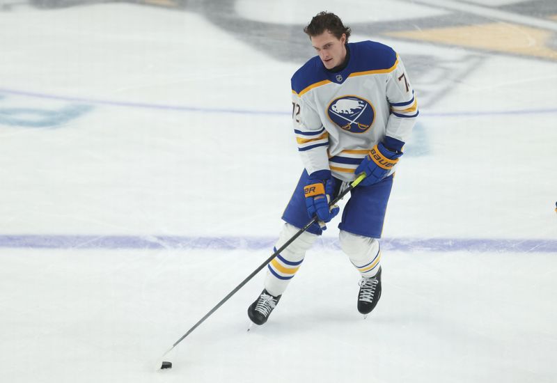 Mar 5, 2026; Pittsburgh, Pennsylvania, USA;  Buffalo Sabres center Tage Thompson (72) warms up against the Pittsburgh Penguins at PPG Paints Arena. Mandatory Credit: Charles LeClaire-Imagn Images