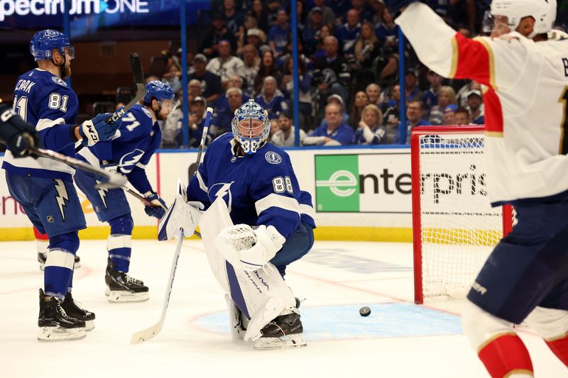 Apr 25, 2024; Tampa, Florida, USA; Tampa Bay Lightning goaltender Andrei Vasilevskiy (88) gives up a goal to Florida Panthers center Sam Reinhart (13) (not pictured) during the second period in game three of the first round of the 2024 Stanley Cup Playoffs at Amalie Arena. Mandatory Credit: Kim Klement Neitzel-USA TODAY Sports