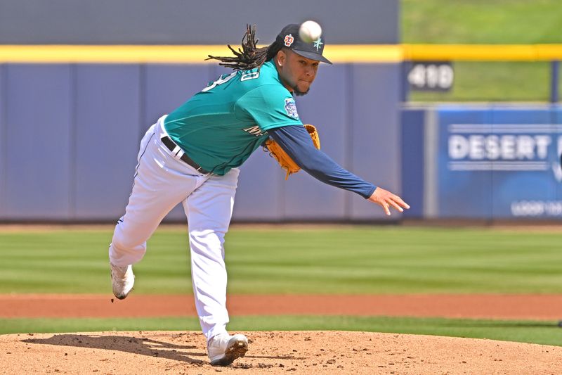 Feb 28, 2023; Peoria, Arizona, USA; Seattle Mariners starting pitcher Luis Castillo (58) throws to the plate during the first inning of a spring training game against the Cleveland Guardians at the Peoria Sports Complex. Mandatory Credit: Jayne Kamin-Oncea-USA TODAY Sports