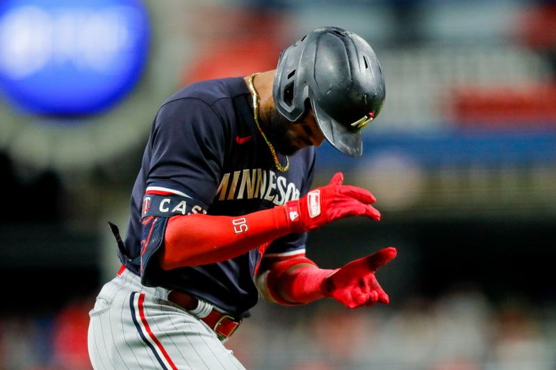 Sep 19, 2023; Cincinnati, Ohio, USA; Minnesota Twins center fielder Willi Castro (50) reacts after hitting a two-run home run in the seventh inning against the Cincinnati Reds at Great American Ball Park. Mandatory Credit: Katie Stratman-USA TODAY Sports