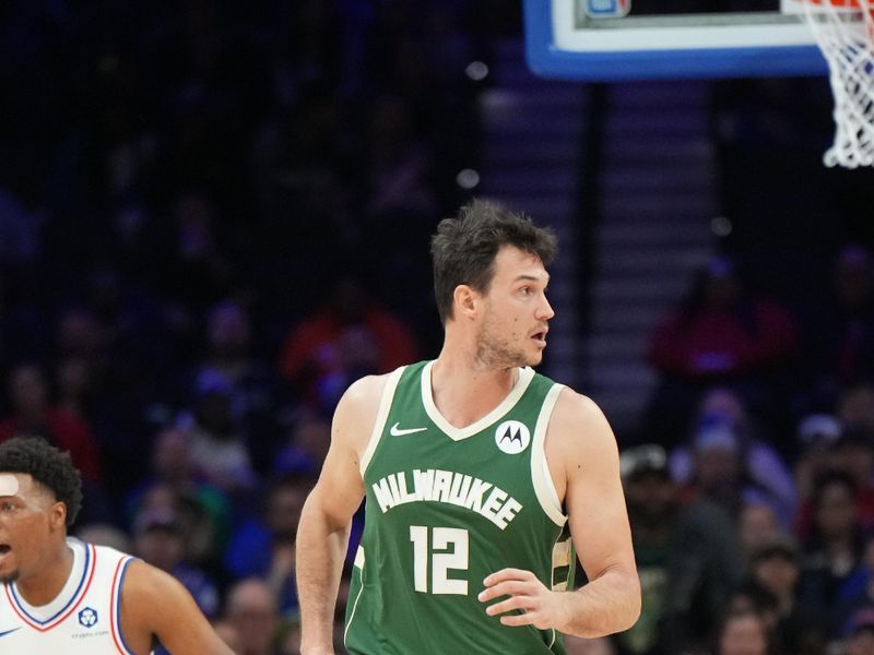 PHILADELPHIA, PA - FEBRUARY 25: Danilo Gallinari #12 of the Milwaukee Bucks looks on during the game against the Philadelphia 76ers on February 25, 2024 at the Wells Fargo Center in Philadelphia, Pennsylvania NOTE TO USER: User expressly acknowledges and agrees that, by downloading and/or using this Photograph, user is consenting to the terms and conditions of the Getty Images License Agreement. Mandatory Copyright Notice: Copyright 2024 NBAE (Photo by Jesse D. Garrabrant/NBAE via Getty Images)