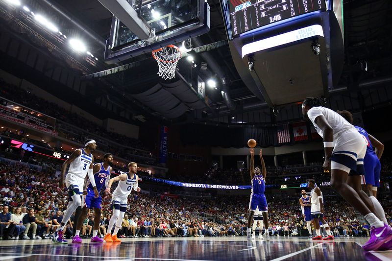 DES MOINES, IA -  OCTOBER 11: Tyrese Maxey #0 of the Philadelphia 76ers shoots a free throw during the game against the Minnesota Timberwolves during a NBA pre season game on October 11, 2024 at the Wells Fargo Arena in Des Moines, Iowa. NOTE TO USER: User expressly acknowledges and agrees that, by downloading and or using this Photograph, user is consenting to the terms and conditions of the Getty Images License Agreement. Mandatory Copyright Notice: Copyright 2024 NBAE (Photo by Jasey Bradwell/NBAE via Getty Images)
