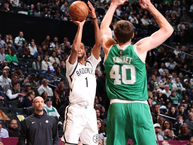 BROOKLYN, NY - NOVEMBER 13: Ziaire Williams #1 of the Brooklyn Nets shoots a three point basket during the game against the Boston Celtics  on November 13, 2024 at Barclays Center in Brooklyn, New York. NOTE TO USER: User expressly acknowledges and agrees that, by downloading and or using this Photograph, user is consenting to the terms and conditions of the Getty Images License Agreement. Mandatory Copyright Notice: Copyright 2024 NBAE (Photo by Jeff Haynes/NBAE via Getty Images)