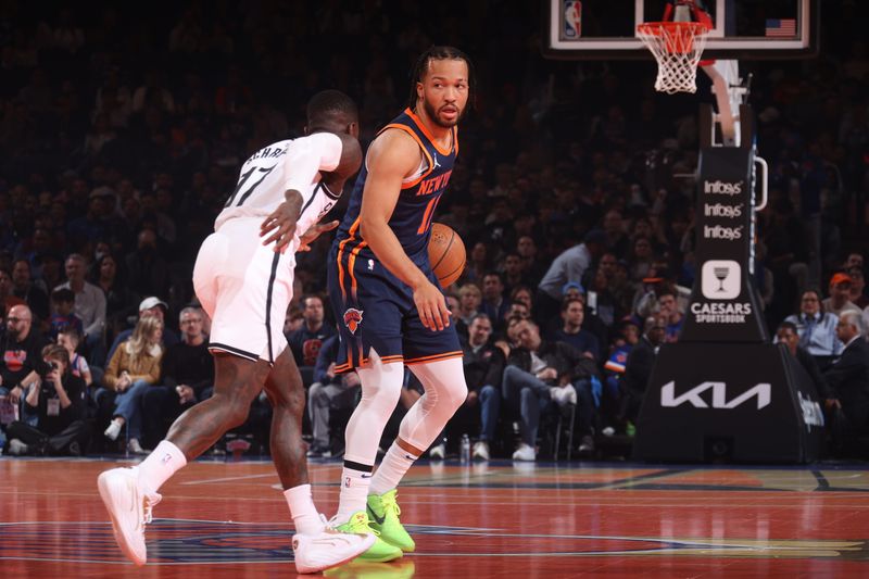 NEW YORK, NY - NOVEMBER 15: Jalen Brunson #11 of the New York Knicks dribbles the ball during the game against the Brooklyn Nets during the Emirates NBA Cup game on November 15, 2024 at Madison Square Garden in New York City, New York.  NOTE TO USER: User expressly acknowledges and agrees that, by downloading and or using this photograph, User is consenting to the terms and conditions of the Getty Images License Agreement. Mandatory Copyright Notice: Copyright 2024 NBAE  (Photo by Nathaniel S. Butler/NBAE via Getty Images)