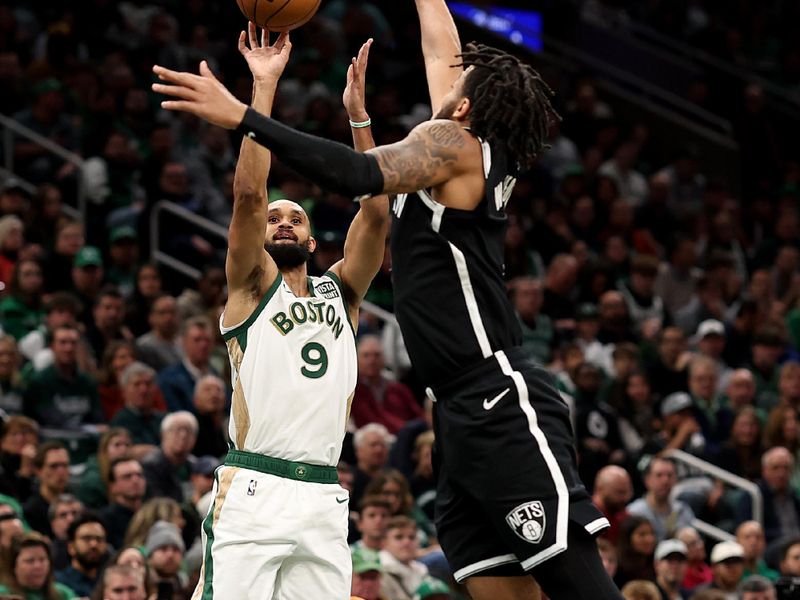 BOSTON, MASSACHUSETTS - NOVEMBER 10: Derrick White #9 of the Boston Celtics takes a shot against Trendon Watford #9 of the Brooklyn Nets  during the first quarter of their In-Season Tournament game at TD Garden on November 10, 2023 in Boston, Massachusetts. NOTE TO USER: User expressly acknowledges and agrees that, by downloading and or using this photograph, User is consenting to the terms and conditions of the Getty Images License Agreement. (Photo by Maddie Meyer/Getty Images)