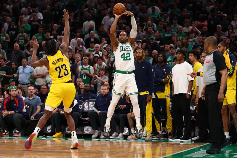 BOSTON, MASSACHUSETTS - MAY 21: Al Horford #42 of the Boston Celtics shoots the ball against Aaron Nesmith #23 of the Indiana Pacers during overtime in Game One of the Eastern Conference Finals at TD Garden on May 21, 2024 in Boston, Massachusetts. NOTE TO USER: User expressly acknowledges and agrees that, by downloading and or using this photograph, User is consenting to the terms and conditions of the Getty Images License Agreement. (Photo by Maddie Meyer/Getty Images)