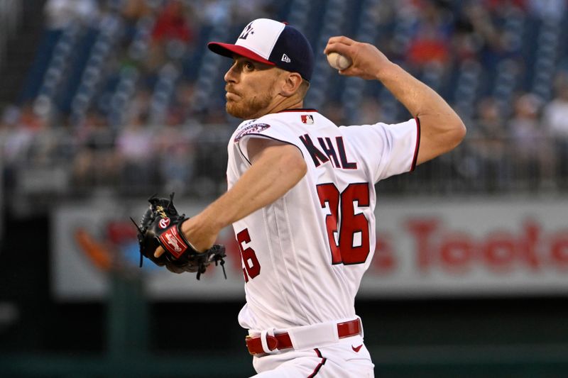 Apr 4, 2023; Washington, District of Columbia, USA; Washington Nationals starting pitcher Chad Kuhl (26) throws to the Tampa Bay Rays during the first inning at Nationals Park. Mandatory Credit: Brad Mills-USA TODAY Sports