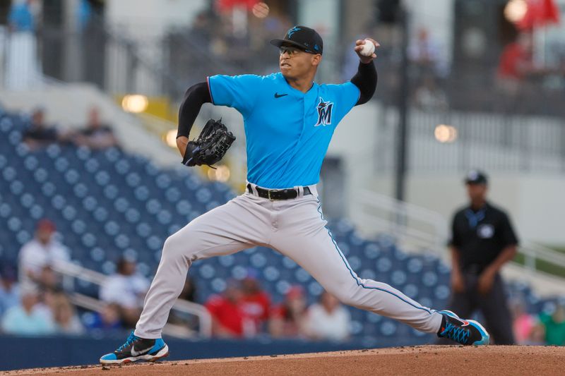 Mar 10, 2023; West Palm Beach, Florida, USA; Miami Marlins starting pitcher Jesus Luzardo (44) delivers a pitch during the first inning against the Washington Nationals at The Ballpark of the Palm Beaches. Mandatory Credit: Sam Navarro-USA TODAY Sports