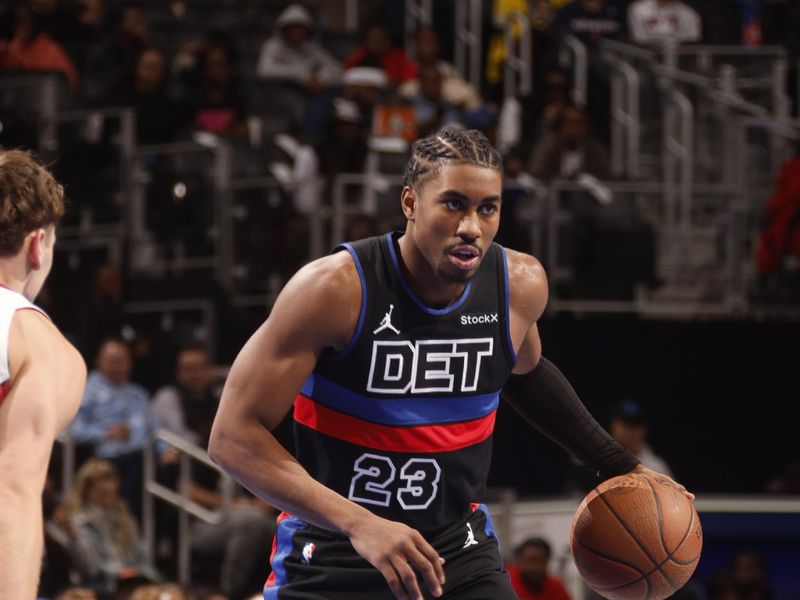 DETROIT, MI - NOOVEMBER 12:   Jaden Ivey #23 of the Detroit Pistons dribbles the ball during the game against the Miami Heat during the Emirates NBA Cup game on November 12, 2024 at Little Caesars Arena in Detroit, Michigan. NOTE TO USER: User expressly acknowledges and agrees that, by downloading and/or using this photograph, User is consenting to the terms and conditions of the Getty Images License Agreement. Mandatory Copyright Notice: Copyright 2024 NBAE (Photo by Brian Sevald/NBAE via Getty Images)