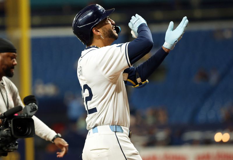 Sep 17, 2024; St. Petersburg, Florida, USA; Tampa Bay Rays outfielder Jose Siri (22) celebrates after hitting a home run against the Boston Red Sox during the fifth inning at Tropicana Field. Mandatory Credit: Kim Klement Neitzel-Imagn Images