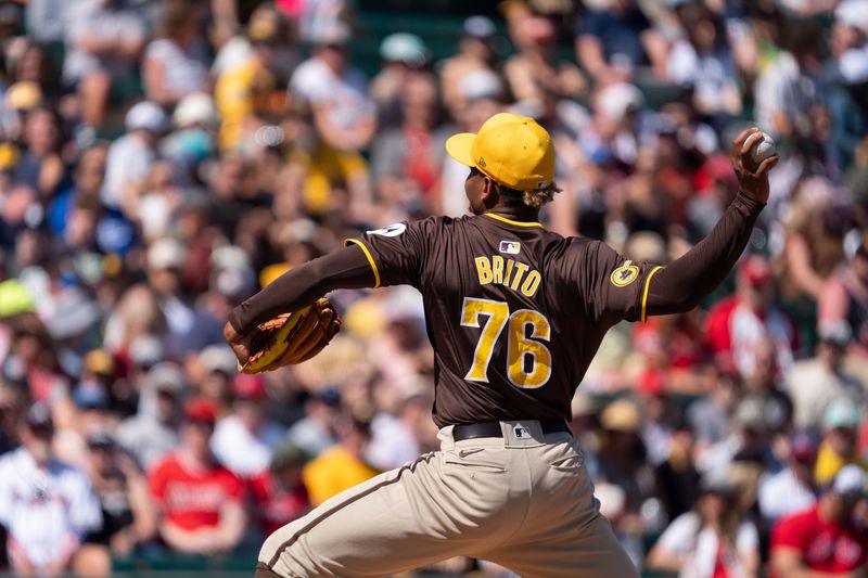 Mar 10, 2024; Tempe, Arizona, USA; San Diego Padres starting pitcher Jhony Brito (76) on the mound in the first inning during a spring training game against the Los Angeles Angels at Tempe Diablo Stadium. Mandatory Credit: Allan Henry-USA TODAY Sports