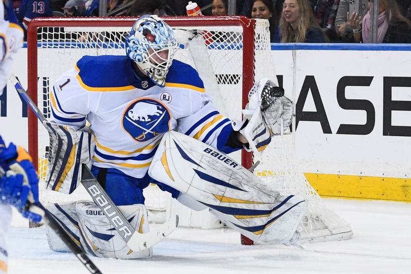 Dec 23, 2023; New York, New York, USA; Buffalo Sabres goaltender Ukko-Pekka Luukkonen (1) makes a save on New York Rangers left wing Artemi Panarin (10) (not pictured) during the first period at Madison Square Garden. Mandatory Credit: Dennis Schneidler-USA TODAY Sports