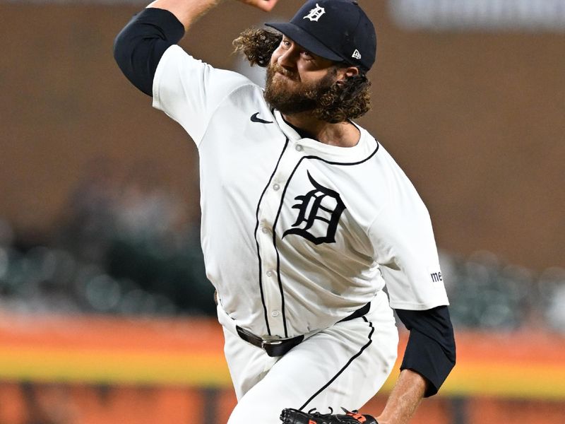 Sep 11, 2024; Detroit, Michigan, USA; Detroit Tigers pitcher Jason Foley (68) throws a pitch against the Colorado Rockies in the ninth inning at Comerica Park. Mandatory Credit: Lon Horwedel-Imagn Images