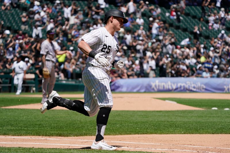 Jun 30, 2024; Chicago, Illinois, USA; Chicago White Sox first base Andrew Vaughn (25) runs the bases after hitting a home run against the Colorado Rockies during the fourth inning at Guaranteed Rate Field. Mandatory Credit: David Banks-USA TODAY Sports