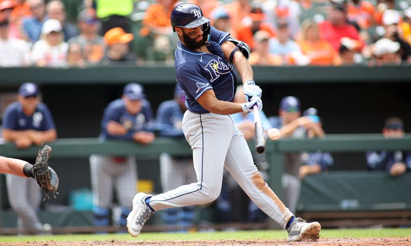 Jun 2, 2024; Baltimore, Maryland, USA; Tampa Bay Rays outfielder Amed Rosario (10) swings during the fourth inning against the Baltimore Orioles at Oriole Park at Camden Yards. Mandatory Credit: Daniel Kucin Jr.-USA TODAY Sports