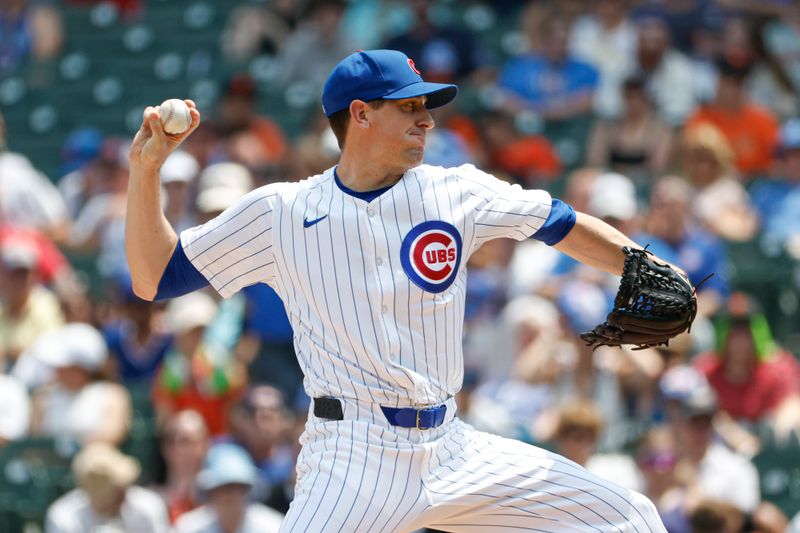 Jun 19, 2024; Chicago, Illinois, USA; Chicago Cubs starting pitcher Kyle Hendricks (28) delivers a pitch against the San Francisco Giants during the first inning at Wrigley Field. Mandatory Credit: Kamil Krzaczynski-USA TODAY Sports