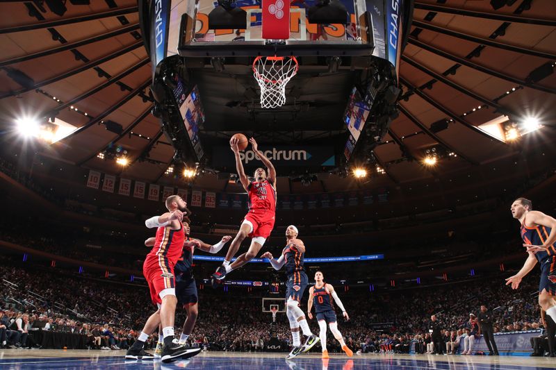 NEW YORK, NY - FEBRUARY 27:  Trey Murphy III #25 of the New Orleans Pelicans goes to the basket during the game on February 27, 2024 at Madison Square Garden in New York City, New York.  NOTE TO USER: User expressly acknowledges and agrees that, by downloading and or using this photograph, User is consenting to the terms and conditions of the Getty Images License Agreement. Mandatory Copyright Notice: Copyright 2024 NBAE  (Photo by Nathaniel S. Butler/NBAE via Getty Images)