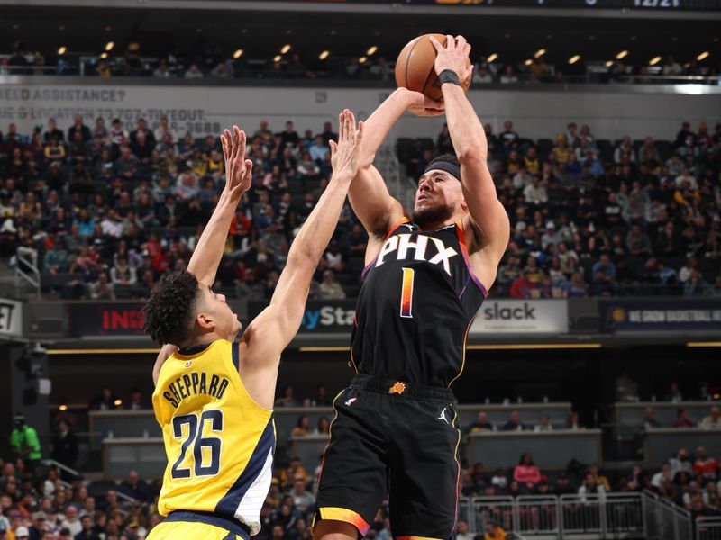 INDIANAPOLIS, IN - JANUARY 26:  Devin Booker #1 of the Phoenix Suns shoots the ball during the game  against the Indiana Pacers on January 26, 2024 at Gainbridge Fieldhouse in Indianapolis, Indiana. NOTE TO USER: User expressly acknowledges and agrees that, by downloading and or using this Photograph, user is consenting to the terms and conditions of the Getty Images License Agreement. Mandatory Copyright Notice: Copyright 2024 NBAE (Photo by Jeff Haynes/NBAE via Getty Images)