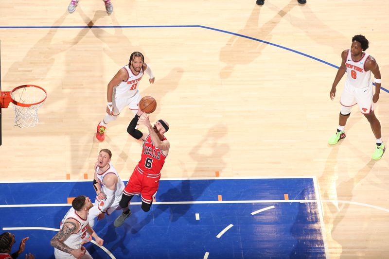 NEW YORK, NY - JANUARY 3: Alex Caruso #6 of the Chicago Bulls drives to the basket during the game against the New York Knicks on January 3, 2024 at Madison Square Garden in New York City, New York.  NOTE TO USER: User expressly acknowledges and agrees that, by downloading and or using this photograph, User is consenting to the terms and conditions of the Getty Images License Agreement. Mandatory Copyright Notice: Copyright 2024 NBAE  (Photo by Nathaniel S. Butler/NBAE via Getty Images)