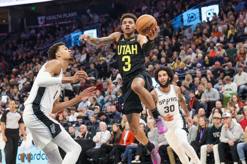 SALT LAKE CITY, UT - OCTOBER 31:  Keyonte George #3 of the Utah Jazz shoots the ball during the game on October 31, 2024 at Delta Center in Salt Lake City, Utah. NOTE TO USER: User expressly acknowledges and agrees that, by downloading and or using this Photograph, User is consenting to the terms and conditions of the Getty Images License Agreement. Mandatory Copyright Notice: Copyright 2024 NBAE (Photo by Chris Nicoll/NBAE via Getty Images)