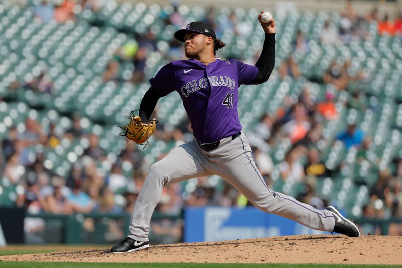 Sep 12, 2024; Detroit, Michigan, USA;  Colorado Rockies pitcher Luis Peralta (41) pitches in the sixth inning against the Detroit Tigers at Comerica Park. Mandatory Credit: Rick Osentoski-Imagn Images