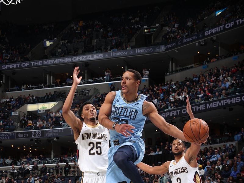 MEMPHIS, TN - NOVEMBER 29: Desmond Bane #22 of the Memphis Grizzlies passes the ball during the game against the New Orleans Pelicans during the Emirates NBA Cup game on November 29, 2024 at FedExForum in Memphis, Tennessee. NOTE TO USER: User expressly acknowledges and agrees that, by downloading and or using this photograph, User is consenting to the terms and conditions of the Getty Images License Agreement. Mandatory Copyright Notice: Copyright 2024 NBAE (Photo by Joe Murphy/NBAE via Getty Images)