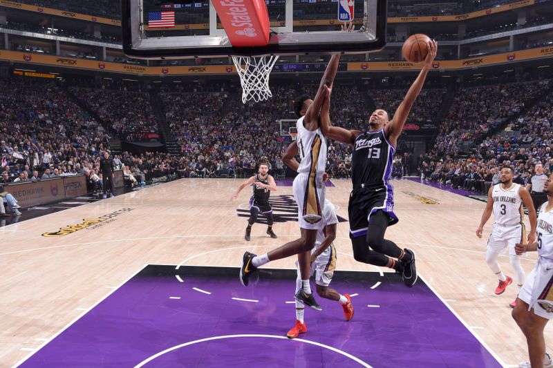 SACRAMENTO, CA - FEBRUARY 8: Keegan Murray #13 of the Sacramento Kings drives to the basket during the game against the New Orleans Pelicans on February 8, 2025 at Golden 1 Center in Sacramento, California. NOTE TO USER: User expressly acknowledges and agrees that, by downloading and or using this Photograph, user is consenting to the terms and conditions of the Getty Images License Agreement. Mandatory Copyright Notice: Copyright 2025 NBAE (Photo by Rocky Widner/NBAE via Getty Images)