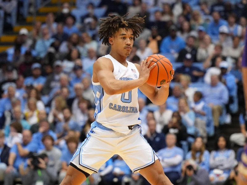 Nov 20, 2022; Chapel Hill, North Carolina, USA; North Carolina Tar Heels guard Seth Trimble (0) with the ball in the second half at Dean E. Smith Center. Mandatory Credit: Bob Donnan-USA TODAY Sports